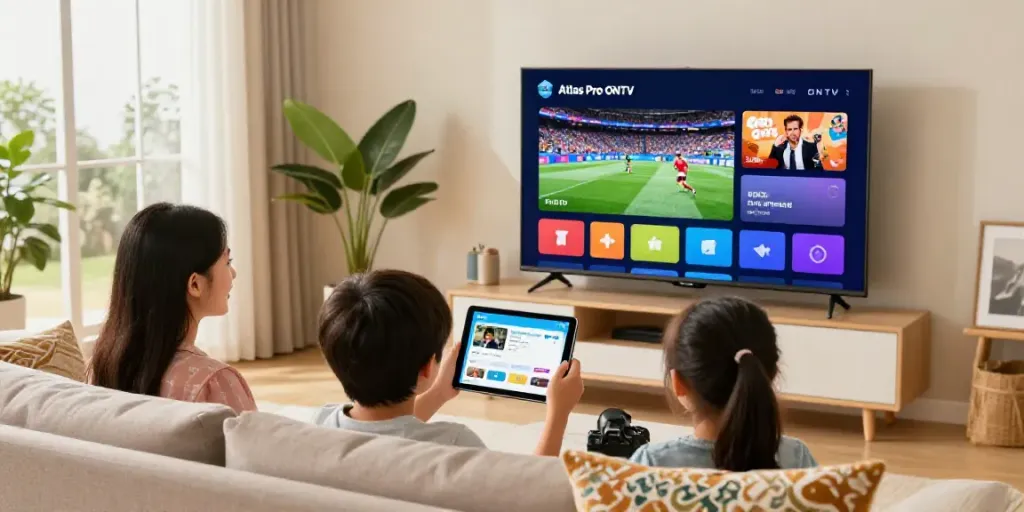Famille profitant de l'application Atlas Pro ONTV sur un grand téléviseur intelligent dans un salon moderne.