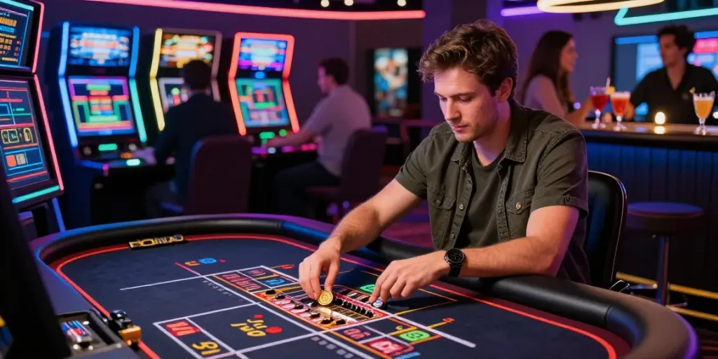 Joueur engagé dans un casino Bitcoin moderne avec une table de roulette numérique, ambiance énergique, lumières LED colorées.