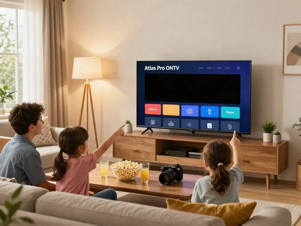 La famille se divertit avec l'application Atlas Pro sur un Smart TV.