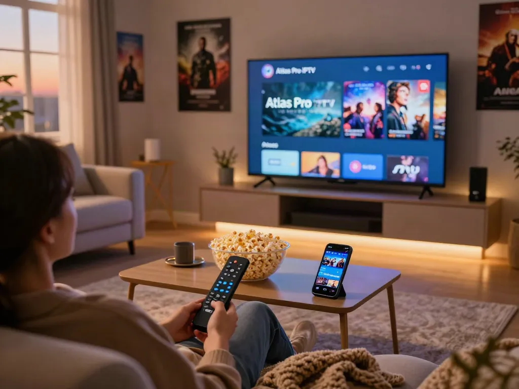 Découvrez l'application Atlas Pro IPTV sur un écran de télévision dans un salon moderne