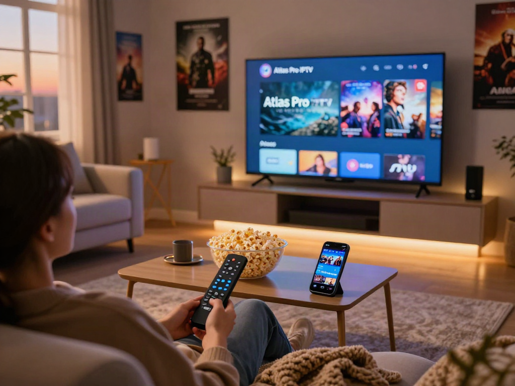 Découvrez l'application Atlas Pro IPTV sur un écran de télévision dans un salon moderne