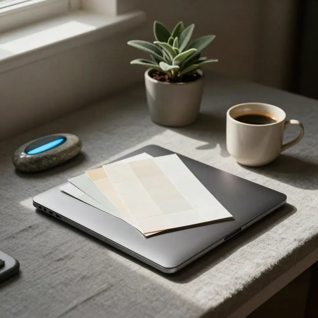 Coin SEO avec laptop fermé, tasses, échantillons et plante au matin.