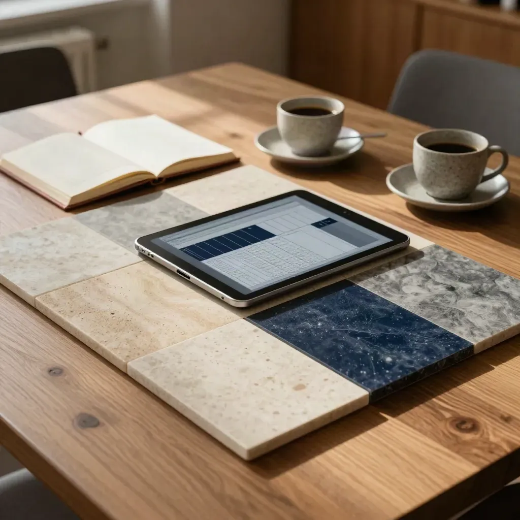 Table de stratégie média avec tablette, cartes segmentées, carnet fermé et tasse en pierre.