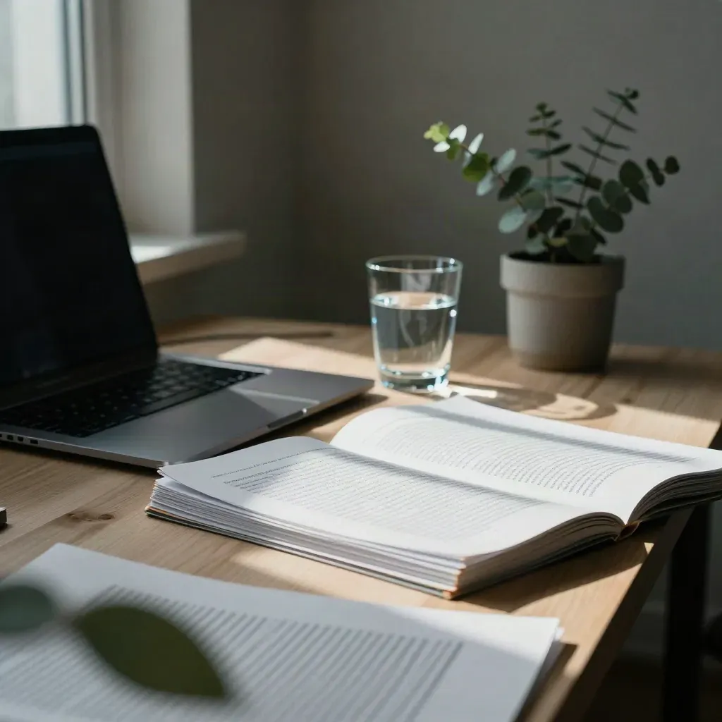 Bureau d’audit SEO avec portable, épreuves papier, verre d’eau et petite plante.