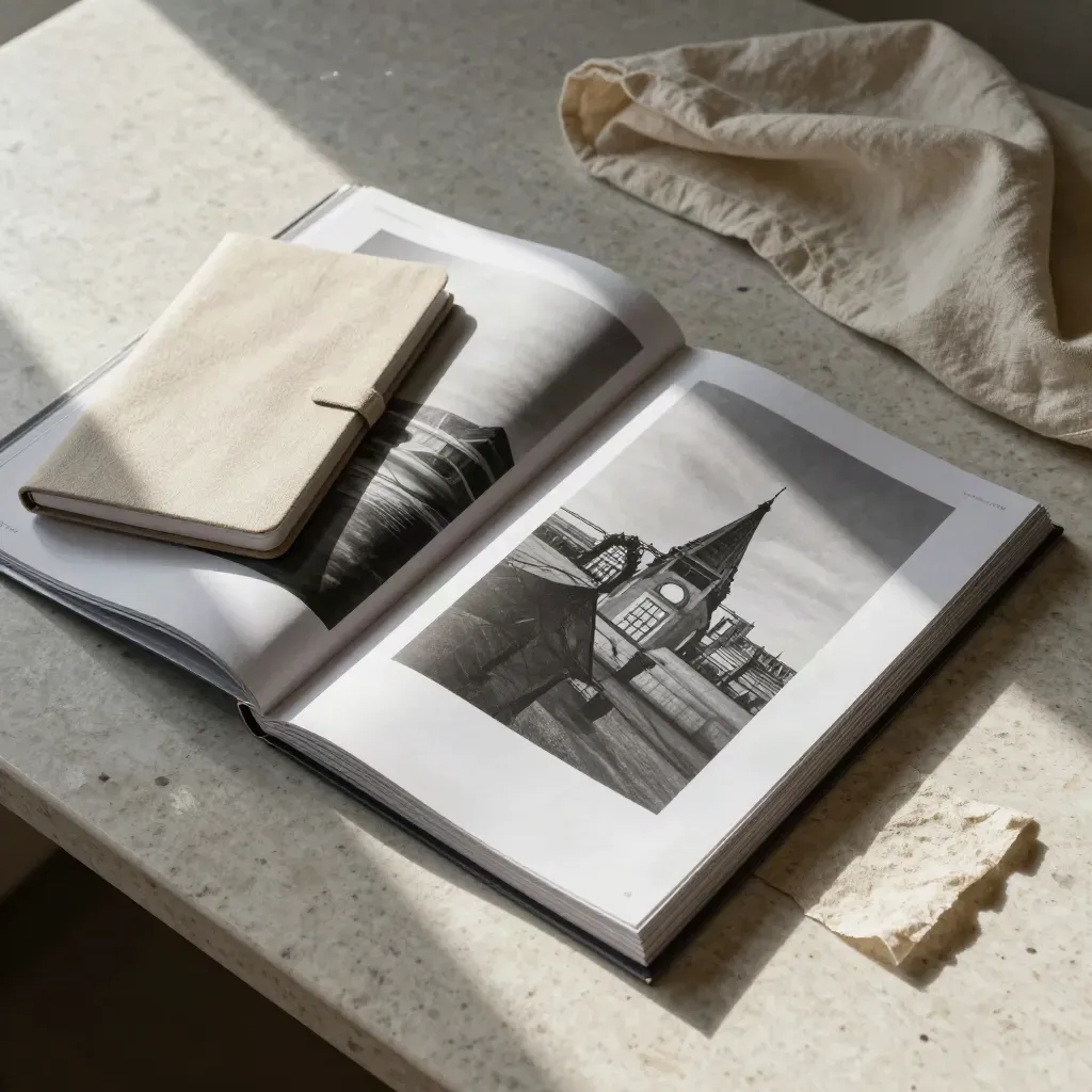 Flat lay éditorial sur travertin : proofs, carnet fermé, tirages et linge de lin.