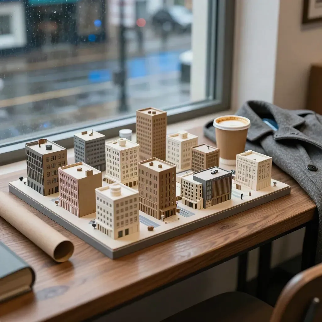 Maquette de quartier, tube d’affiche, café à emporter et manteau plié près d’une fenêtre à l’heure bleue.