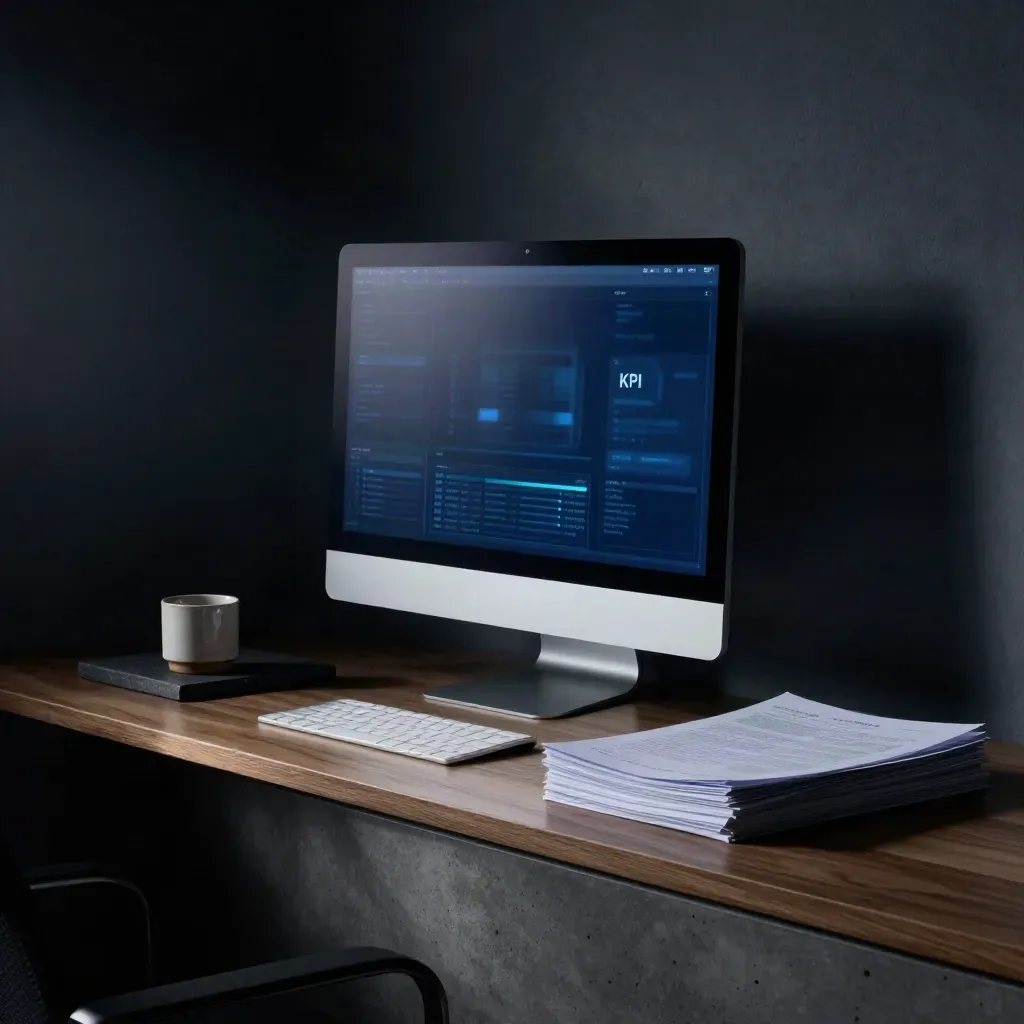 Coin KPI sombre avec écran lumineux, trackpad argenté, tasse marquée et dossiers nets.