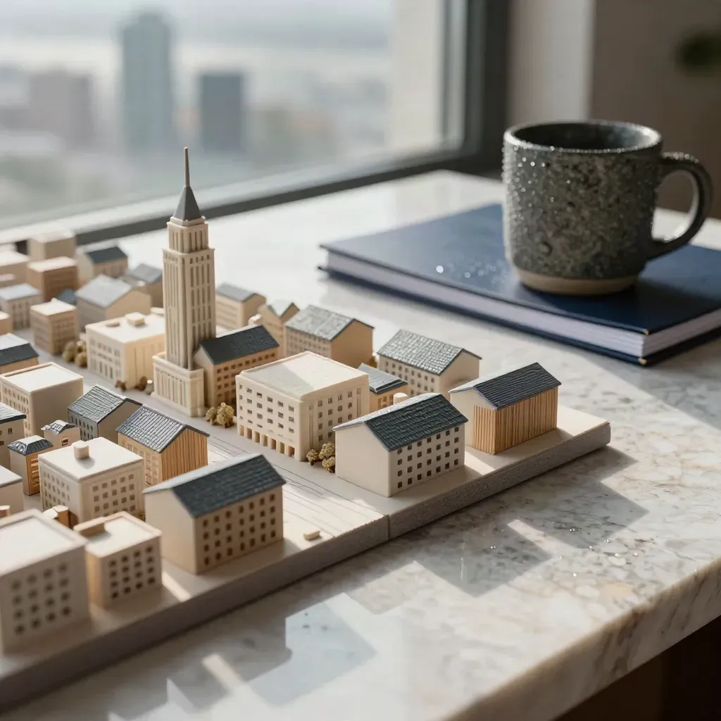 Maquette urbaine, dossiers sobres et mug en pierre près d’une fenêtre après la pluie.
