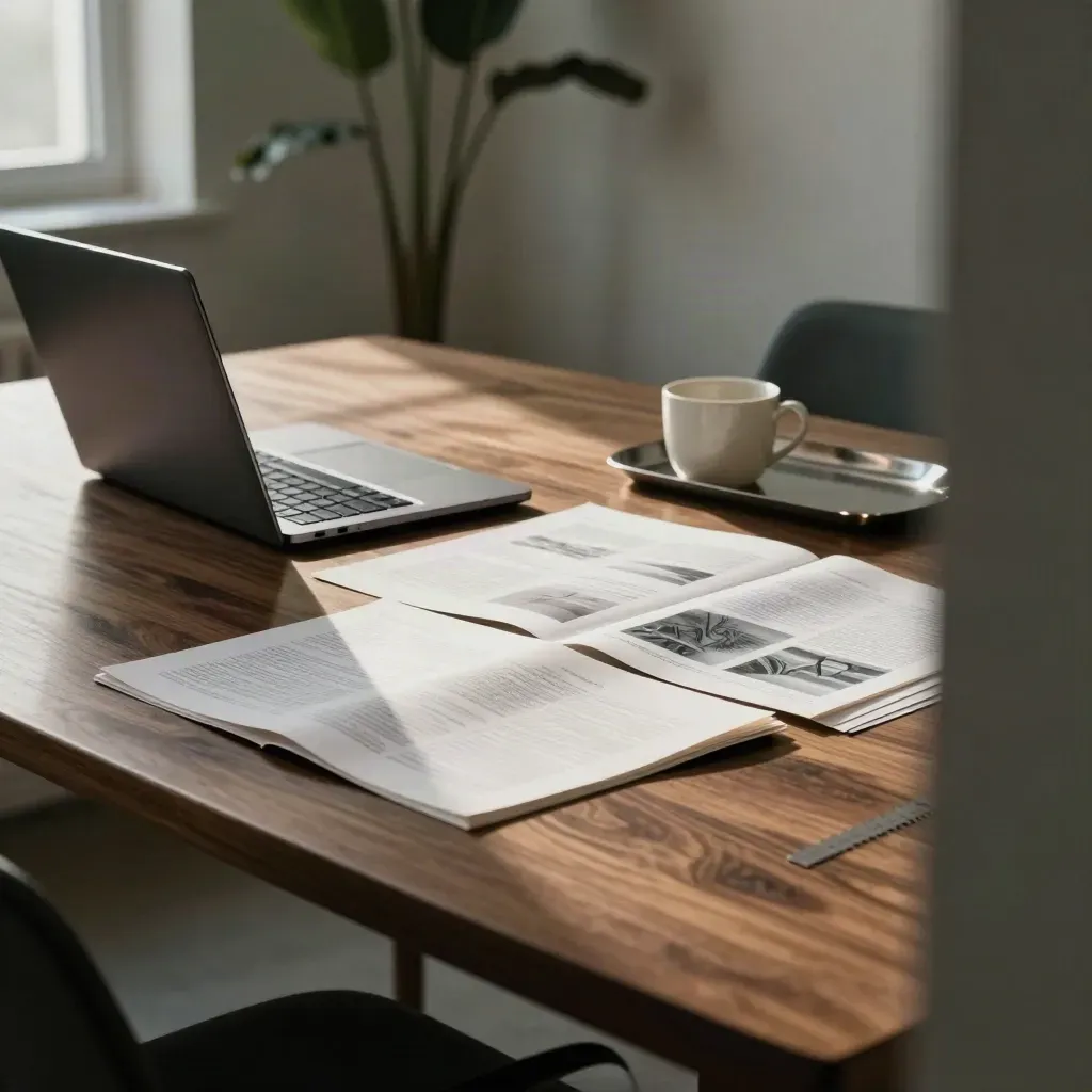 Vue en plongée d’une table d’audit média avec ordinateur, épreuves et lumière du matin.