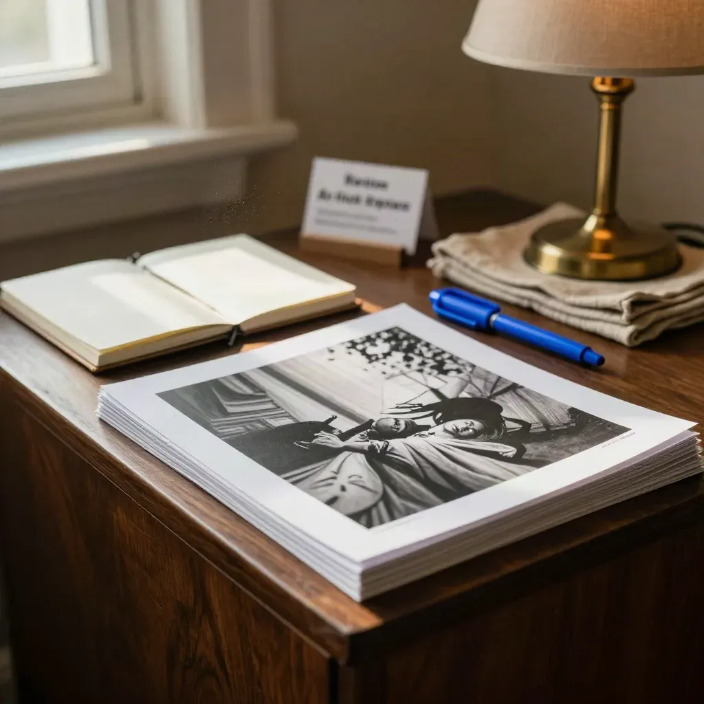 Empilement de tirages, carnet fermé et lampe chaude dans un coin éditorial cosy.