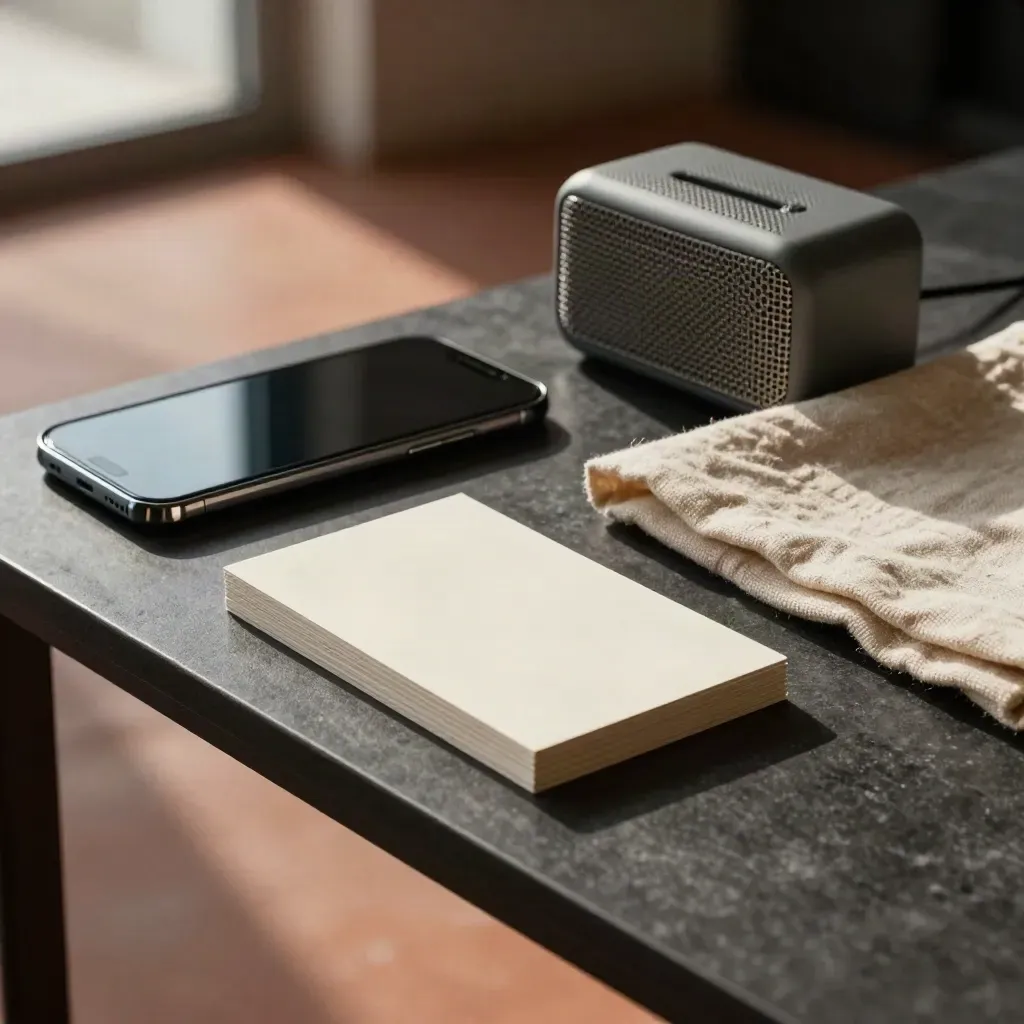 Smartphone, enceinte compacte, tissu plié et cartes blanches sur table sombre au crépuscule.
