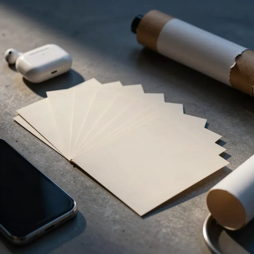 Cartes vierges, téléphone face contre table, étui d’écouteurs et tube d’affiche dans une lumière du soir.