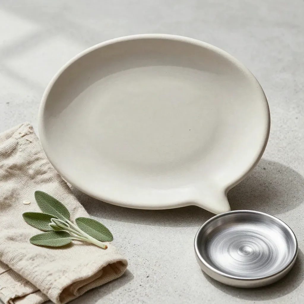 Flatlay d’une bulle de dialogue en céramique avec lin, plante et coupelle sur pierre.