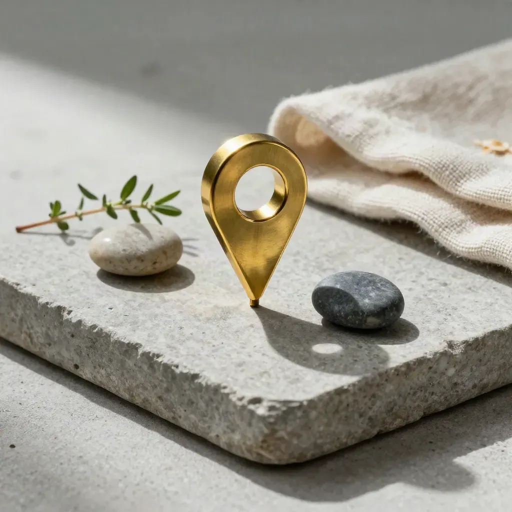 Objet en forme de repère sur une pierre, avec linge plié et herbe, style éditorial minimal.