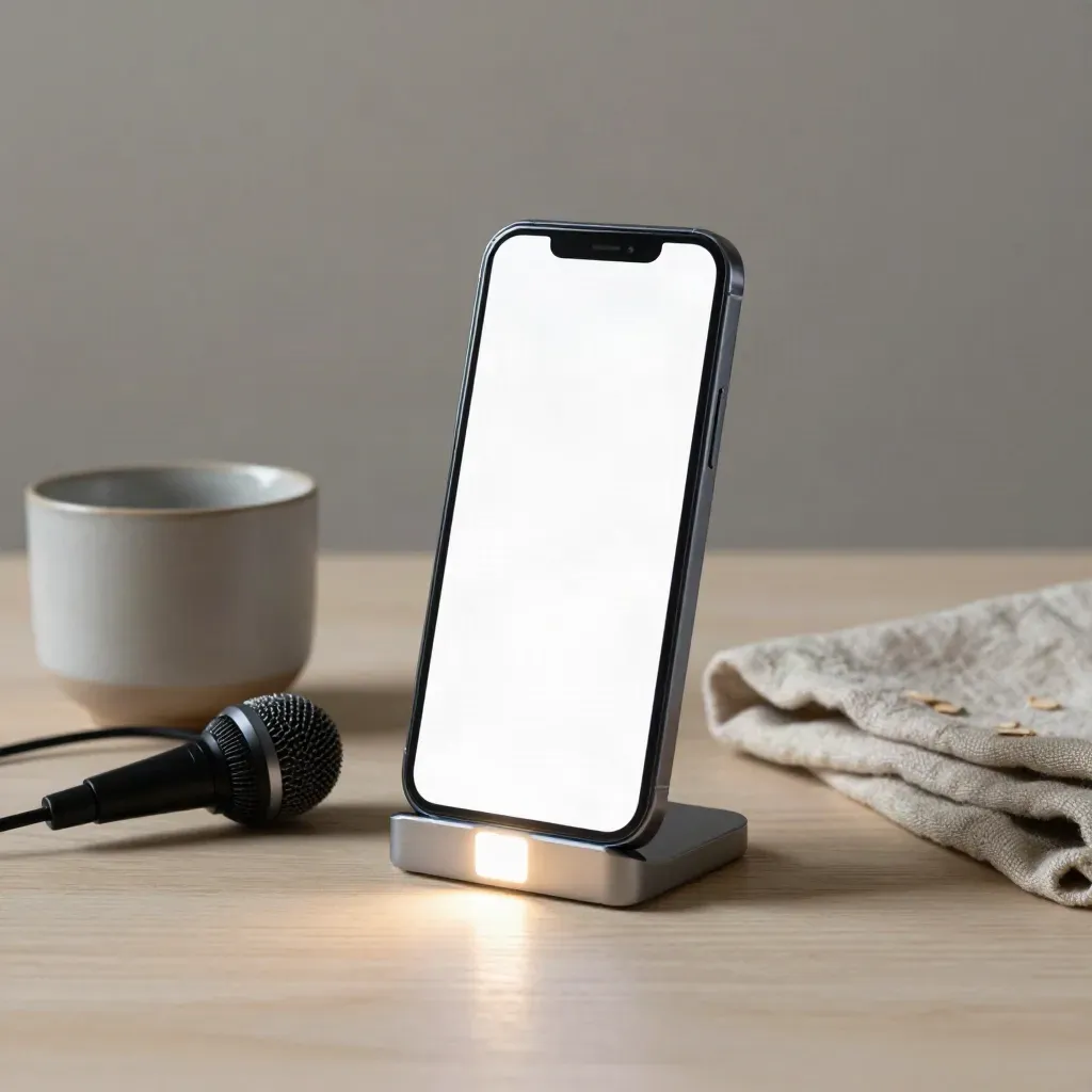 Smartphone sur support, micro cravate, cube LED et tasse en céramique sur bois clair.