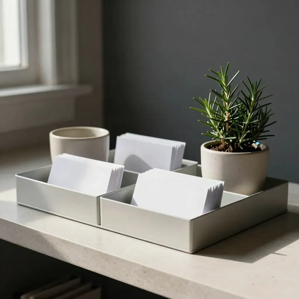 Deux bacs mémoire imbriqués, tasse en céramique et petite plante sur étagère claire.