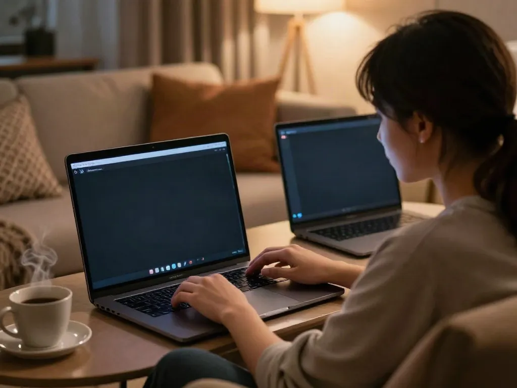 Engaging in an ai porn chat on a sleek laptop in a cozy setting with ambient lighting.